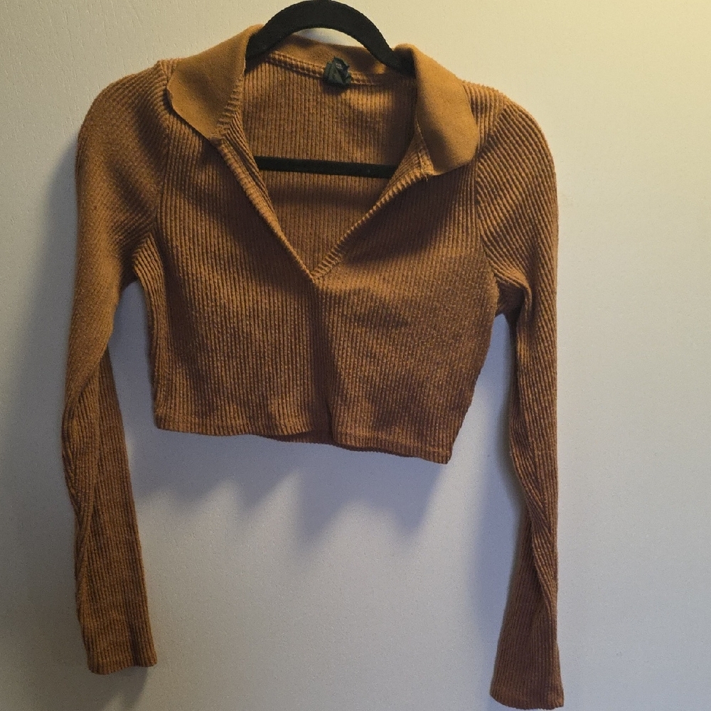 Brown Ribbed Long Sleeve Crop Top